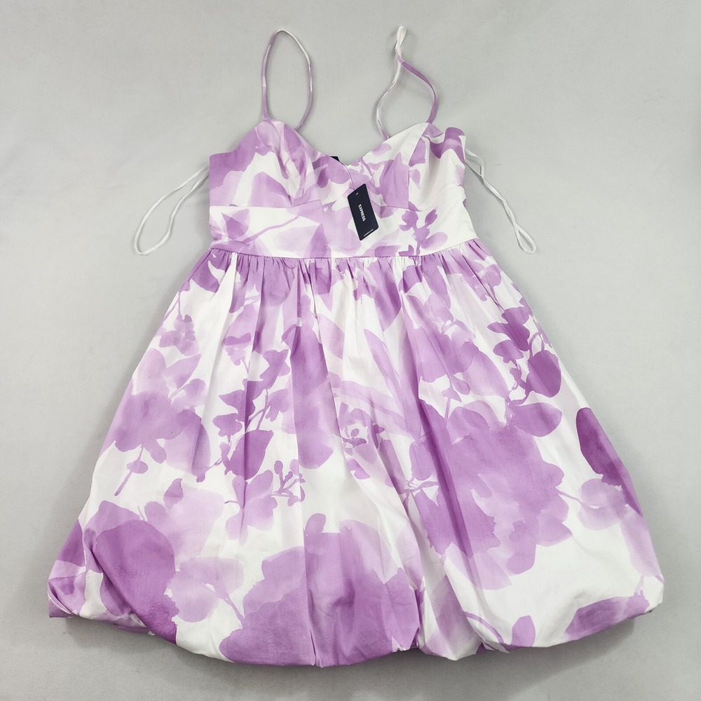 Express Womens Small Purple White Floral Stretch Sleeveless Bubble Midi Dress